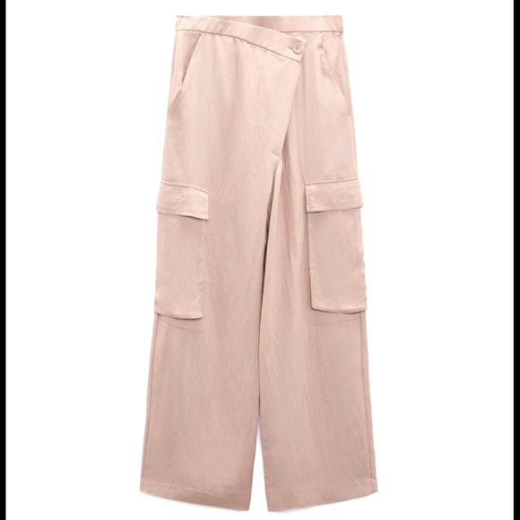 ZARA Dusty Rose Asymmetrical Elastic Waist Wide Leg Cargo Utility Pants - Picture 7 of 7